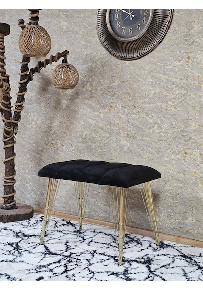 Zafir Metal Gold Tel Ayaklı 60 Cm Puf Bench - Puf - Bench - Oturak - Mutfak Oturağı - Antre Oturağı Siyah