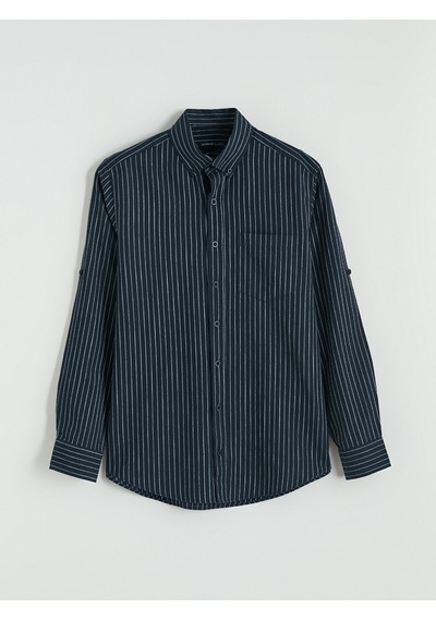 Lcwaıkıkı Classic Lacivert Regular Fit Çizgili Erkek Keten Karışımlı Gömlek
