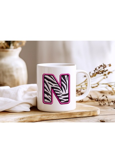 N Harfi Zebra Deseni Ve Pembe Kenarlı Kupa Bardak - Kişiye Özel Nakış Efektli - Siyah Beyaz Pembe Beyaz