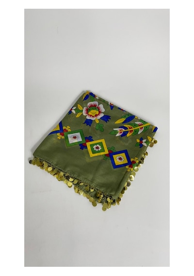 Çengelköy Desenli Pullu Yazma 100x100 Cm Etnik Çiçekli Başörtüsü Çeyizlik Ve Günlük Fıstık Yeşili