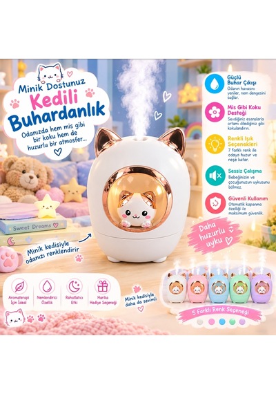 Kedi Tasarımlı Şık Buhardanlık Bebe Ve Çocuklar İçin Beyaz Renk
