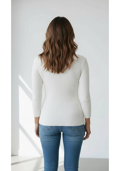 Miss Poem Kadın Ekru Fitilli Balıkçı Yaka Slim Fit Triko Kazak Ekru