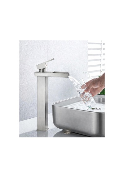 Rena Design Inox Çanak Lavabo Bataryasi Şelale Çikiş Yüksek Havza Model Uzun Çift Giriş Musluk Banyo Mat Gri