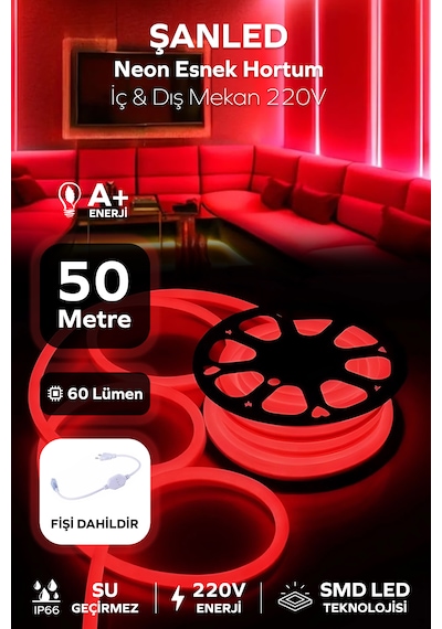 Neon Esnek Hortum Şerit Led Kırmızı Rengi 220v  Fiş/1,2,3,4,5,10,15,20,25,30,50,100 Metre