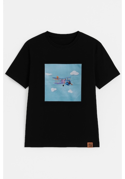 Markapia Kadın Bisiklet Yaka Pamuk Helikopter Baskılı Kısa Kollu T-shirt Siyah