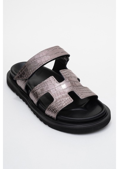 Luvishoes Luvi Shoes Loana Platin Baskı Hakiki Deri Kadın Terlik Platin