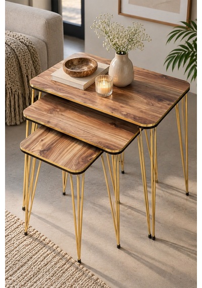 Sulorahome Ceviz Desenli Gold Metal Ayaklı Zigon Sehpa Seti Ceviz - Altın