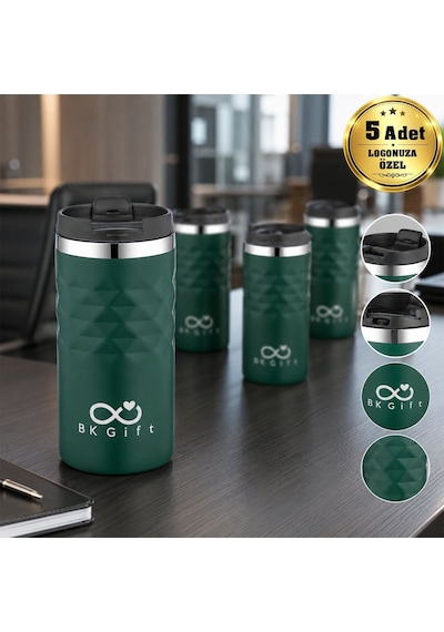 Bk Kurumsal Logonuza Özel 5 Adet 5340 Çelik Kupa 300 Ml Termos Özellikli Kurumsal Mug Yeşil Beyaz