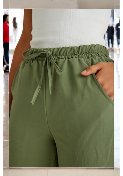 Yazlık Beli Lastikli Rahat Keten Pantolon Haki