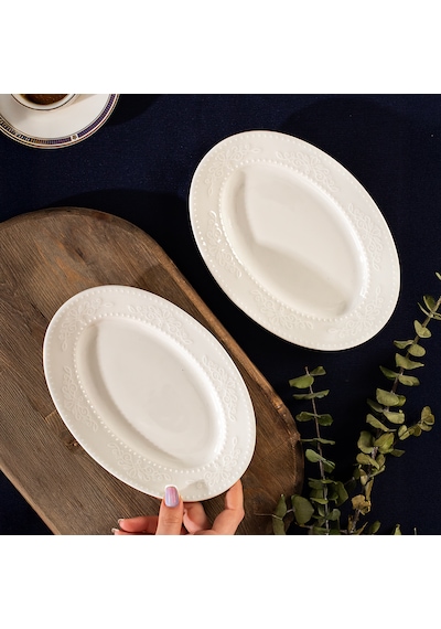 Porsima 4460 Burçak Porselen Kayık Tabak Seti - Oval Kahvaltılık Sunumluk Seti 20cm Beyaz