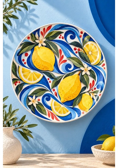 Dekoratif Duvar Tabağı Kâğıt Bahçede Limon Dekorlu Seramik Tabak Kırmızı