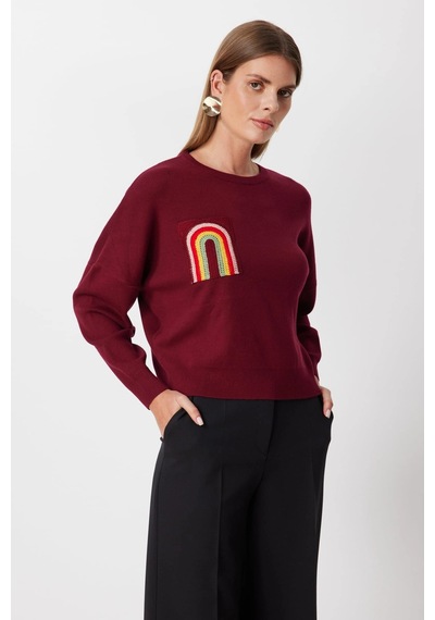 On Fashion Kadın Renkli Aksesuarlı Sıfır Yaka Bordo Kazak 63318 Bordo