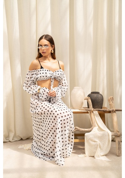 Mai Collection Samos Puantiyeli Ekru Crop Etek Takım