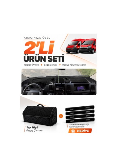 Citroen Jumper 2006-2024 Uyumlu Torpido Örtüsü + Tay Tüyü Bagaj Çantası + Sticker Seti - Siyah
