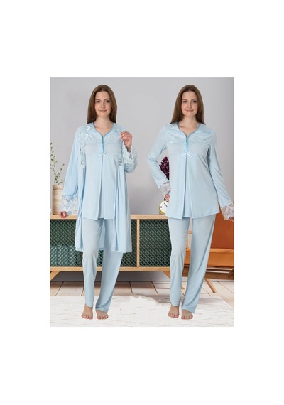 Effortt Dvina Lohusa Hamile Sabahlık Ve Uzun Kollu Pijama Takımı - 3'lü Set - Mavi Mavi
