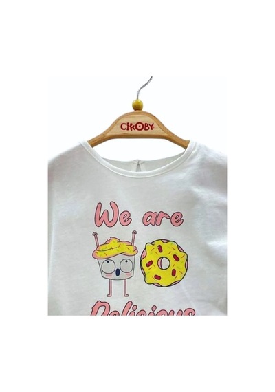 Çikoby Kız Bebek Pamuklu Donat Baskılı T-shirt-13895 Beyaz
