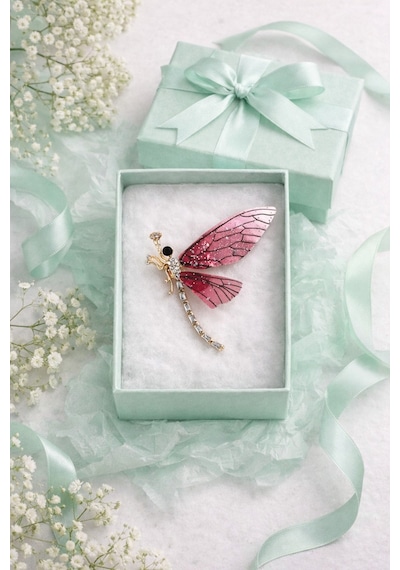 Pembe Yusufçuk Broş Taş Detaylı Zarif Dragonfly Brooch Hediye Kutulu Kadın Aksesuar Renkli