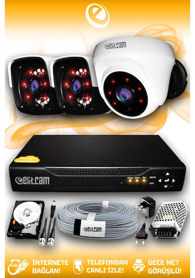 Elitcam 3 Kameralı Panda 1 İç Kamera Set 1 TB HDD Full HD Gece Görüşlü Güvenlik Kamerası Sistemi