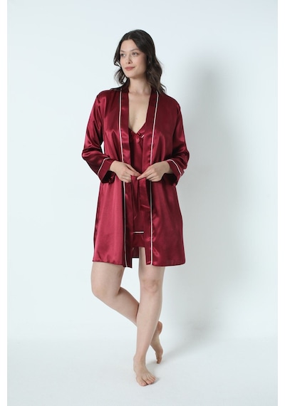 Alissa Kadın Bordo Saten Çeyiz Seti 6 Parça Beyaz Biyeli Sabahlık Gecelik Pijama Şortlu Takım 8630 Bordo