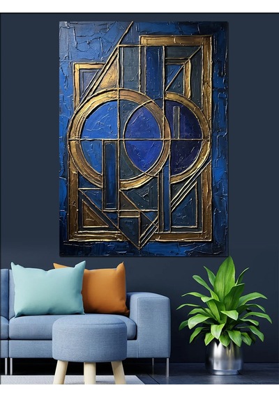 Mavi Altın Art Deco Geometrik Çerçeve Dekoratif Kanvas - Mdf Ahşap Tablo Çok Renkli