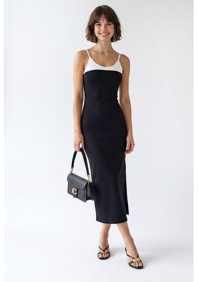 Mixray 2132 Kadın Bodycon Vücudu Saran Askılı Yırtmaçlı Maxi Elbise Siyah