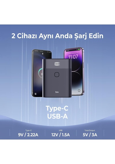 Pb20w 10000mah Type-c Ve Usb Çift Çıkışlı Dijital Ekranlı Mini Powerbank Siyah İphone Huawei Uyumlu