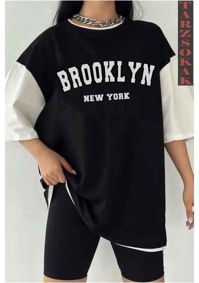 Startmore Siyah Oversize Çift Renk Brooklyn Nyc Baskılı Unisex Tshirt Beyaz