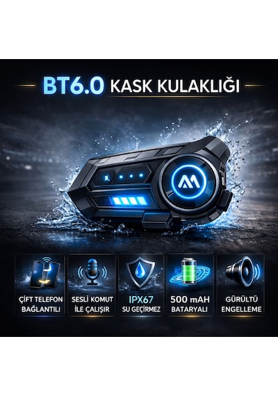 Polham Bt6.0 Intercom Kask Kulaklık Ipx67 Su Geçirmez, Gürültü Engelleme, Çift Telefon Destekli, 500mah Şarjlı