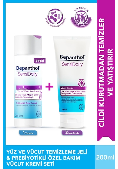 Bepanthol Sensidaily Günlük Vücut Bakım Kremi 200ml + Yüz Ve Vücut Temizleme Jeli 200ml - Çok Kuru Atopik Ciltler