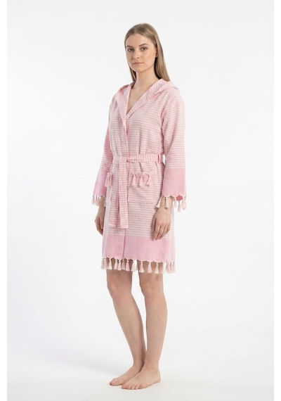 Kapşonlu Unisex Peştemal Plaj Bornozu %100 Pamuklu Seaside Stripe Pembe