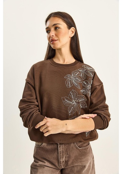 Shade Kadın Bisiklet Yaka Çiçek Boncuk İşlemeli Relaxed Sweatshirt 1572 60283809 - Kahverengi
