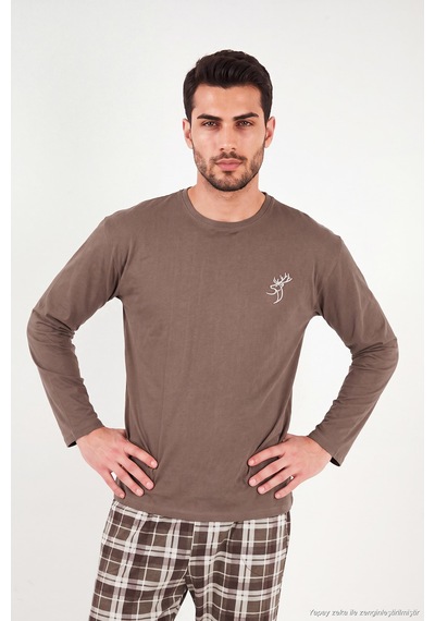 Buratti Ekoseli Pamuklu Bisiklet Yaka Uzun Kollu Pijama Takımı Erkek Pijama Takımı 6575003 Kahve
