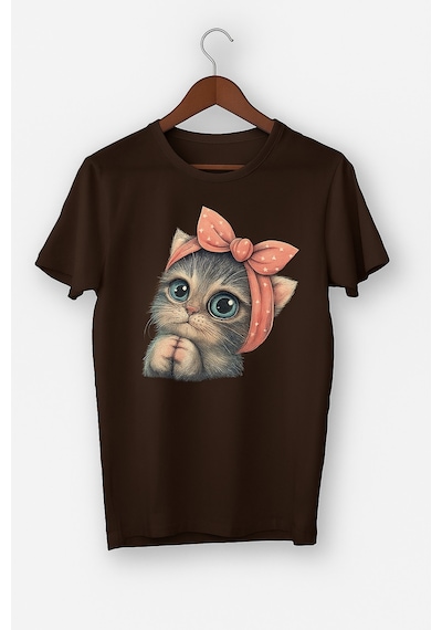 Sevimli Kedi Baskılı Oversize Beyaz T-shirt Kahverengi