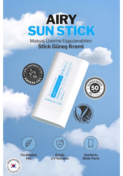 Derma Factory Yağlı ve Karma Ciltler İçin Mat Stick Güneş Koruyucu Derma Factory Airy Sun Stick SPF 50+ PA++++