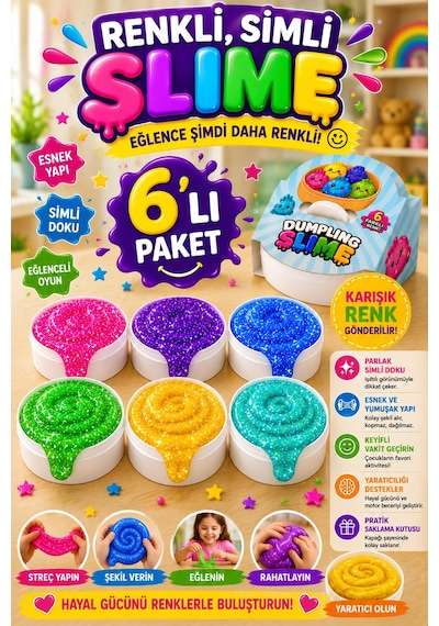 6'lı Slime Oyun Jeli Simli Streç Hamur Eğitici Duyusal Oyun Motor Beceri Geliştiren Oyuncak Renkli