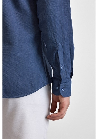 Süvari Lacivert Slim Düğmeli Yaka Düz Cepsiz Casual Gömlek Gm2025500498-m09