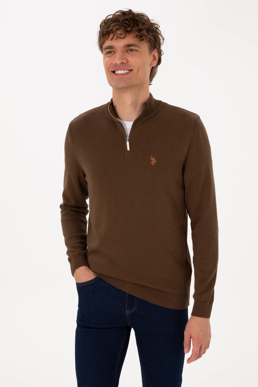 U.S. Polo Assn. Erkek Slim Fit Yarım Fermuarlı Kahverengi Basic Kazak 50313695-VR029