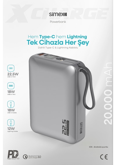 Simex 20.000 Mah 22.5w Hızlı Şarj Pd Powerbank Kendinden Kablolu Ve Dijital Göstergeli Taşınabilir Cihazı Standart