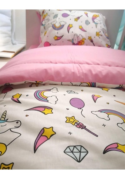 Bebek Özel Çocuk Nevresim Takımı 120x200 Cm, Beyaz Unicorn Pembe Genel