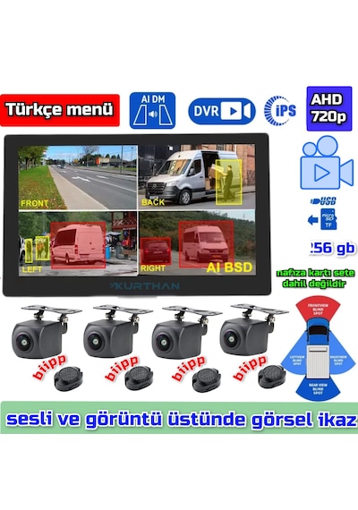 4 Adet Ahd 720p Nesne Tanımalı Sesli İkazlı Kamera 7 İnç Dvr Monitör Set 12 Volt