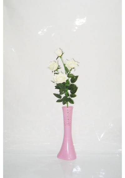 40 Cm Pembe İşlemeli Vazo Beyaz Gül