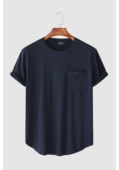 Erkek Yuvarlak Yaka Oval Kesim Cepli Basic T-shirt Lacivert Lacivert