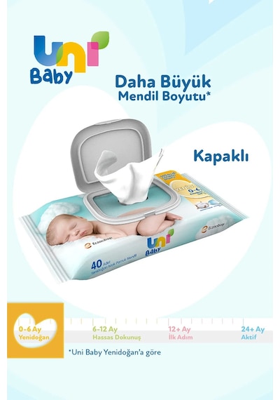 Uni Baby Islak Havlu Hassas Yeni Doğan 40 Yaprak 24'lü Pk 960 Yaprak Narin Ciltler İçin 8pk 3 24'lü Set