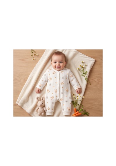 Deniva Kids Unisex Bebek Fitilli Pamuklu Sevimli Tavşan Desenli Çıtçıtlı Uzun Kollu Tulum Beyaz