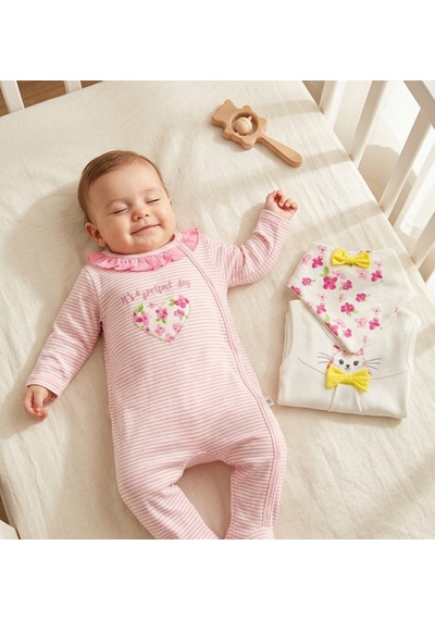 İmaj Bebe Pamuklu Kitty Desenli 3 Ay Kız Bebek Tulum Seti - 3'lü Takım Pembe