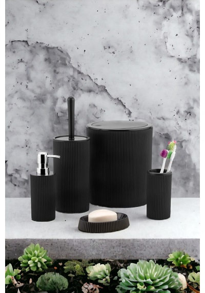 5'li Modern Ve Şık Banyo Seti, Sıvı Ve Katı Sabunluk, Diş Fırçalık, Çöp Kovası, Klozet Fırçası Siyah