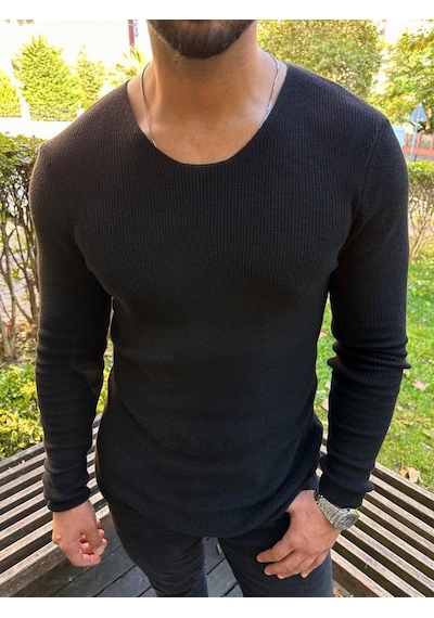 Elku Moda Kazak Örme Tüylenmez Naturel Pamuk Kazak Slim Fit Triko Dar Kesim Body Kazak Siyah