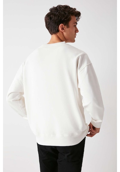 Grımelange Off  Erkek Organik Pamuklu Yazı Nakış Detaylı V Yakalı Içi Polarsız Oversize Beyaz Sweatshirt