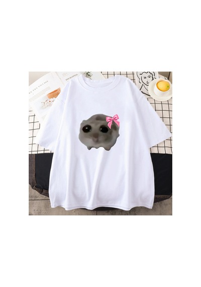 Tarzsokak Beyaz Sad Hamster Tshirt Karikatür Grafik Baskılı Pembe Yaz Tshirt Streetweed Kı