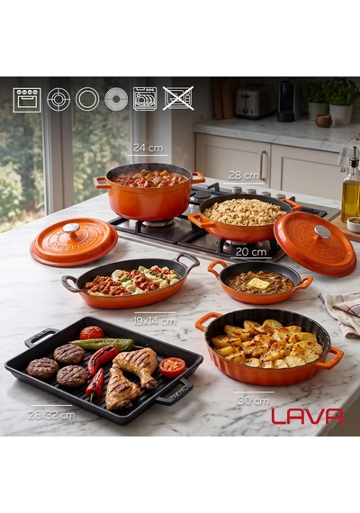 Lava Döküm Tencere Tava Aile Seti 6'lı Turuncu